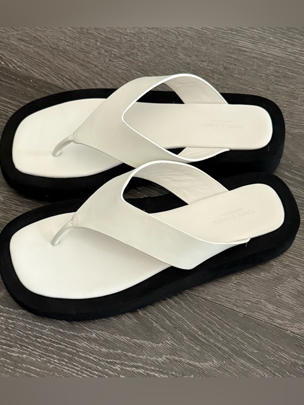 Tony Bianco White and Black Platform Thong Sandals